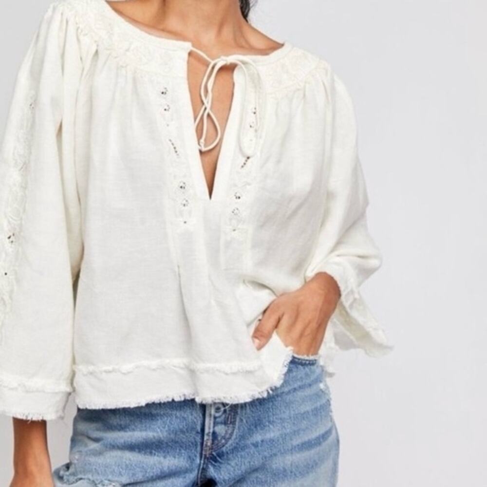 Free People Sun Valley Embroidered Top XS Ivory Boho Indie Festival Style
